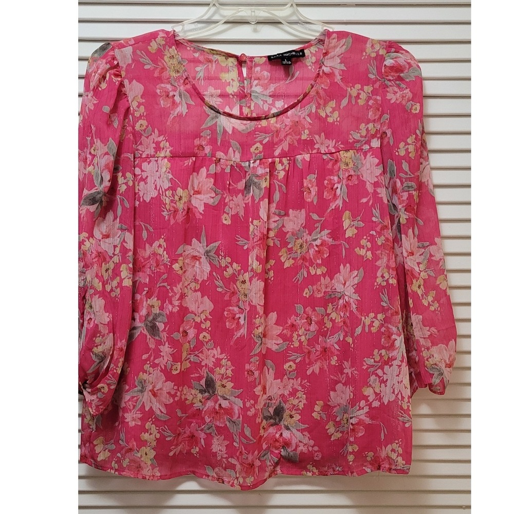 Pink Pheasant Floral Metallic Stripe Puff Sleeve Blouse Womens L Sara Michelle